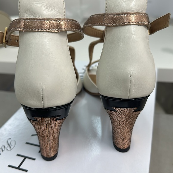 Isabelle White and Gold Tango Inspired T-Strap Shoes with Interchangeable Heels - Picture 4 of 5